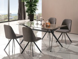 Contemporary Rectangular Clear Glass Legs Microfiber Seats Modern Dining Set