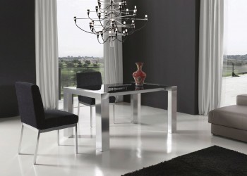 Extendable Rectangular in Wood Glass Top Fabric Seats Modern Dinner Table Set Extendable Rectangular in Wood Glass Top Fabric Seats Modern Dinner Table Set