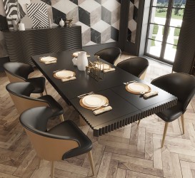 Extendable Rectangular Wood and Leather Modern Table with Chairs