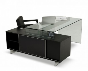 Elegant Black Oak Desk with Tinted Glass Top and Side