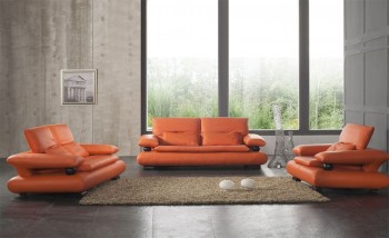 Sofa Set in Orange Leather with Wenge Wood Finished Accent