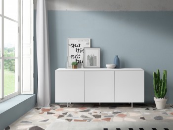 Elite 3 Door White Wood Lacquered Buffet with Chrome Legs Elite 3 Door White Wood Lacquered Buffet with Chrome Legs