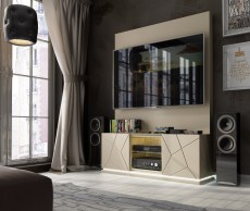 Elegant Beige Wall Unit with Stripe Design and LED Light Elegant Beige Wall Unit with Stripe Design and LED Light