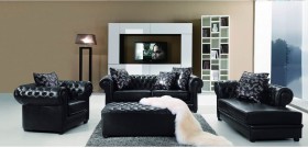 Classic Tufted Black Top Grain Leather Three Piece Living Room Set