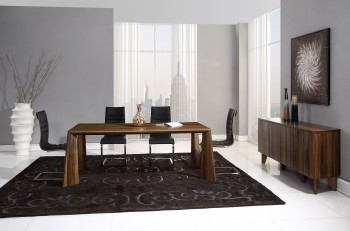 Gorgeous Walnut Finish Tapered Legs Table with Black and Chrome Side Chairs