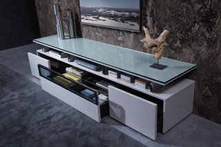 Grey Lacquer Living Room TV Stand with Glass Top