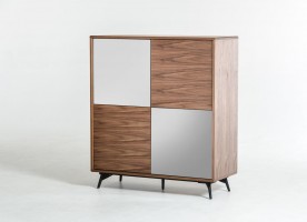 Square Contemporary Walnut Buffet with Mirrored Doors