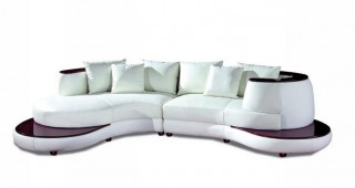 White Bonded Leather Sectional Sofa with Wooden Accents