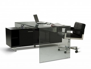 Elegant Black Oak Desk with Tinted Glass Top and Side