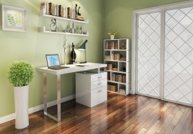 Three Drawer White Office Desk with Chrome Accents