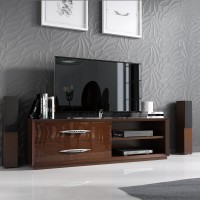 Spain Made Ultra Glossy Walnut Finished TV Stand with Chrome Handles