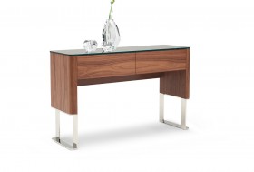 Walnut and Chrome Two Drawer Console Table with Black Glass Top