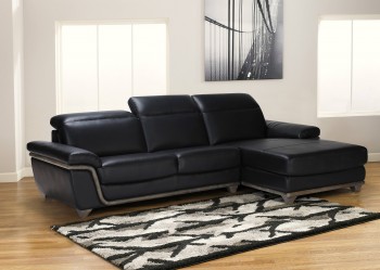 Black Bonded Leather Sectional Sofa with Ash Wood Accent