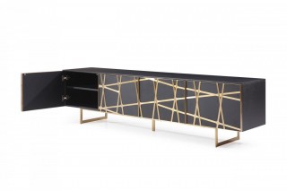 Modern Black Oak TV Stand with Champagne Gold Stripes