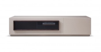 High Gloss Taupe Finished Entertainment TV Base with Dark Wood Accent High Gloss Taupe Finished Entertainment TV Base with Dark Wood Accent