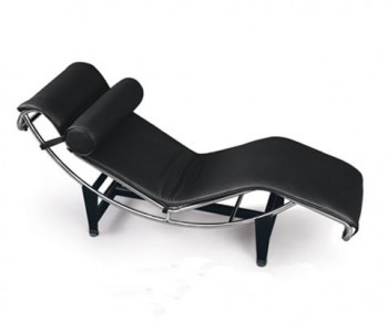 Black Italian Leather Chaise Lounge with Steel Black Coated Legs