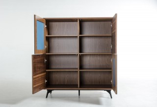 Square Contemporary Walnut Buffet with Mirrored Doors