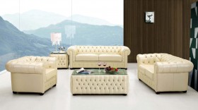 Ivory Italian Leather Sofa Set with Buttons