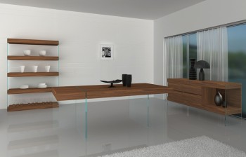 Unique Floating Walnut Dining Table with Transparent Glass Legs