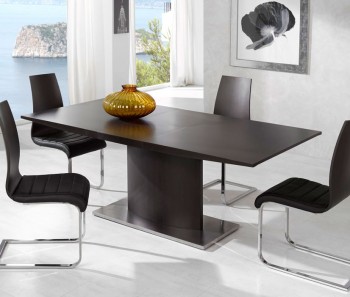 Brown Dining Table with Pedestal Support and Heavy Steel Base Brown Dining Table with Pedestal Support and Heavy Steel Base