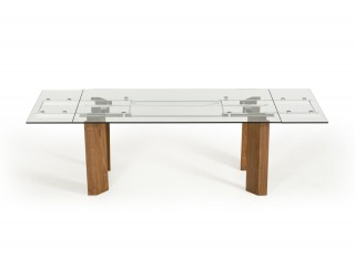Modern Glass Top Extendible Dining Table with Wooden Legs