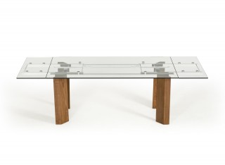 Modern Glass Top Extendible Dining Table with Wooden Legs