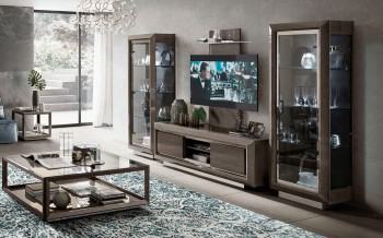 Contemporary Lacquered Entertainment Wall Unit with Display Shelves Contemporary Lacquered Entertainment Wall Unit with Display Shelves
