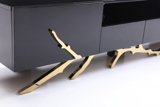 Elegant Black TV Unit with Champagne Gold Stainless Steel Base