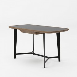 Modern Walnut Desk with Black Glass Top and Metal Base