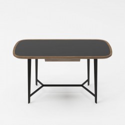 Modern Walnut Desk with Black Glass Top and Metal Base