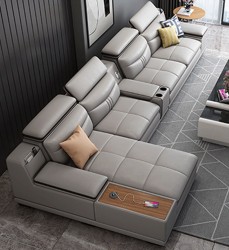 Unique Leather Two-Tone Grey and Chocolate Sectional Sofa