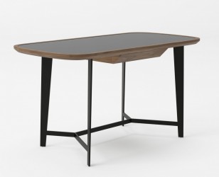 Modern Walnut Desk with Black Glass Top and Metal Base