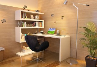 White Home or Office Desk with Built in Bookcase