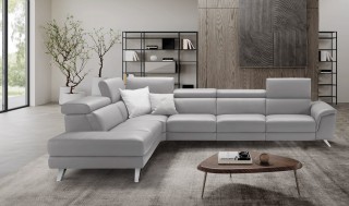 Italian Made Taupe Full Leather Sectional Sofa with Adjustable Headrest