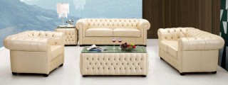 Ivory Italian Leather Sofa Set with Buttons