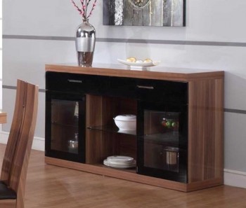 Two Clear Doors with Black Drawers Walnut Color Contemporary Buffet Two Clear Doors with Black Drawers Walnut Color Contemporary Buffet