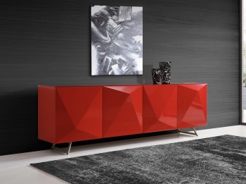 Red Buffet with Designed Doors and Pure Glass Top