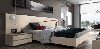Lacquered Made in Spain Wood Platform and Headboard Bed in Matt
