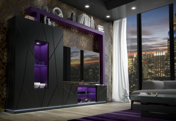 Black Wall Unit with Stripe Design and LED Light Black Wall Unit with Stripe Design and LED Light