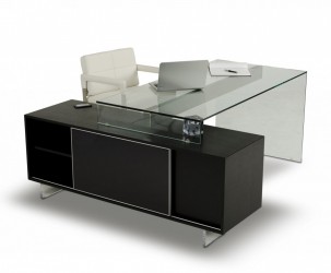 Elegant Black Oak Desk with Tinted Glass Top and Side