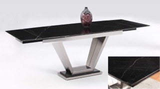 Sturdy Black Marble Table with Two Marble Extensions and Steel Black Base