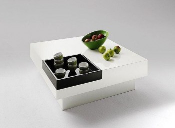 White Square Coffee Table with Black Tray On The Conner