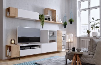 Modern White with Wood Grain Wall Unit