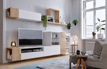 Modern White with Wood Grain Wall Unit Modern White with Wood Grain Wall Unit