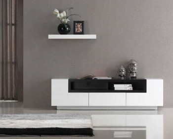 White Gloss TV Stand with Dark Oak Shelves