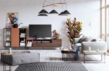 Modern Natural Wood Wall Unit with Orange Accent Modern Natural Wood Wall Unit with Orange Accent