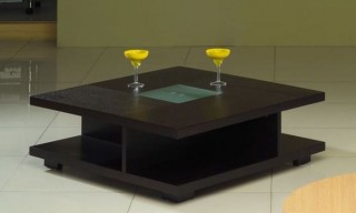 Square Black Wood Coffee Table with Glass Center