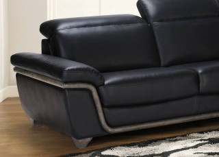 Black Bonded Leather Sectional Sofa with Ash Wood Accent