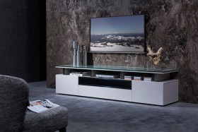 Grey Lacquer Living Room TV Stand with Glass Top