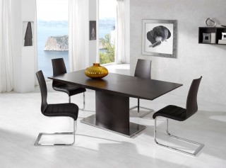 Metal and Wood Back Dining Chair with Black Leather Seats